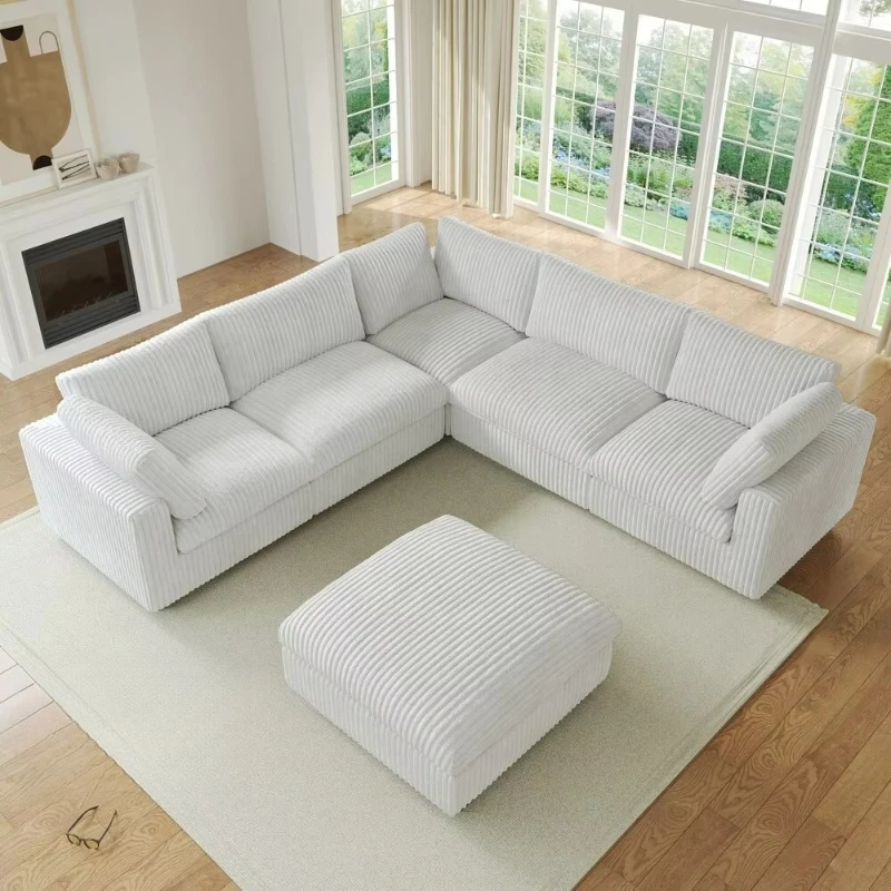 

White velvet fabric cloud sofa living room L-shaped corner combination sofa with footstool modern modular sofa home furniture