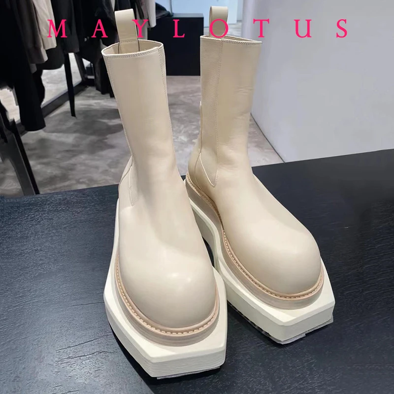 

Chelsea Boots Thick Sole Platform Ankle Leather Boots Street Fashion Women Mid Calf Boots Outdoor Work Shoes