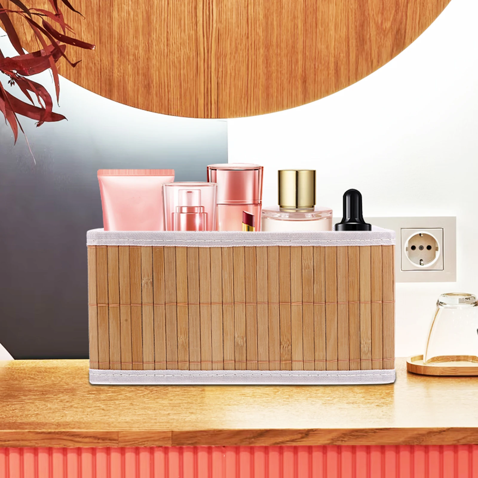 

2Pcs Woven Bamboo Storage Bins Multipurpose Household Organizer for Cosmetics Fruits Bread Snacks Decorative Basket