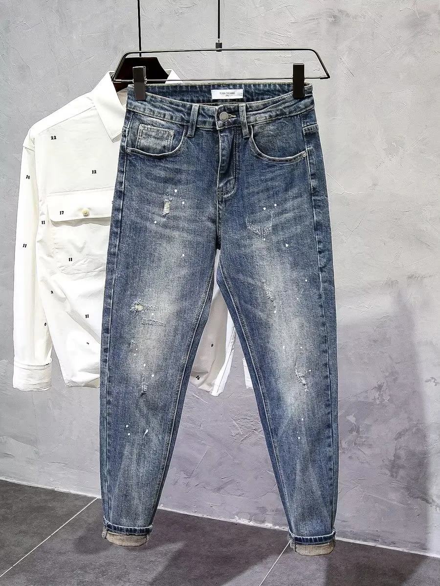 

Мужские джинсы Slim Fit в стиле ретро синего цвета с эффектом брызг краски и дырками, модные, весна-осень, новинка, брендовые, длинные брюки