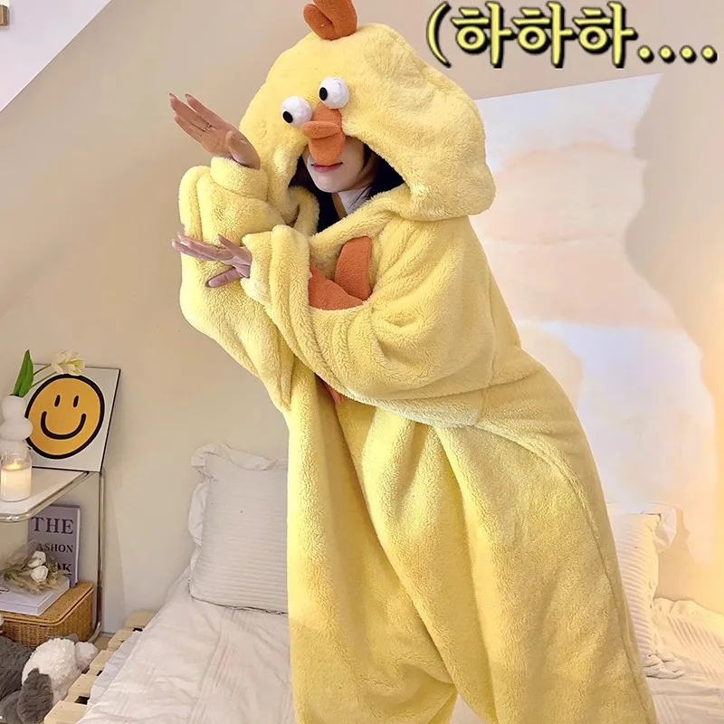 Little Yellow Chicken Coral Velvet Couple Pajamas One-piece Robe Warm Flannel Funny Pajamas Women Winter Home Wear