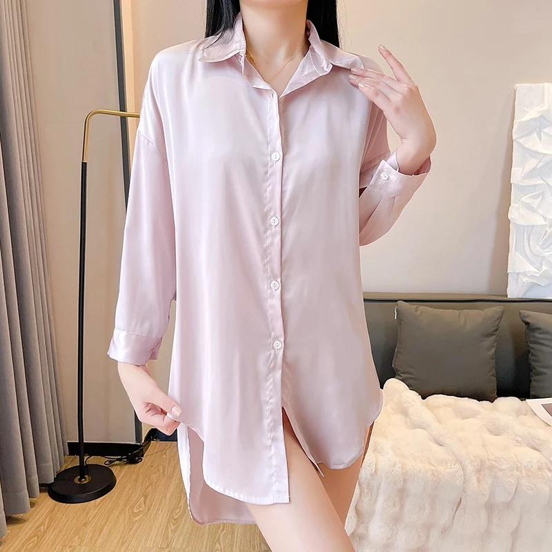

2024 Летняя шелковая атласная пикантная мини-платье с длинным рукавом ночные рубашки для женщин Корейская Милая одежда для сна ночная рубашка домашняя Ночная сорочка