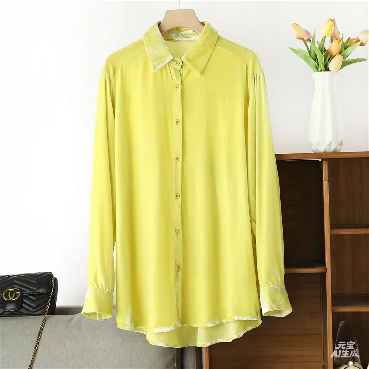 Blusa Vintage para Mujer, Camisa de Terciopelo de Manga Larga, Estilo Coreano Informal y Holgado, Nueva Moda de Otoño, Top Informal con Estilo