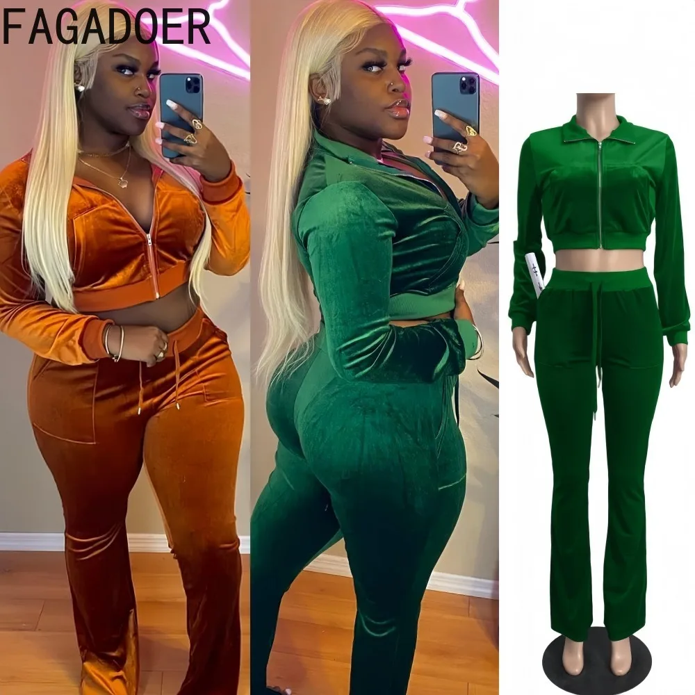 

FAGADOER Casual 2 Pieces Set for Woman Outfit Solid Long Sleeve Pocket Patchwork Crop Top and Pants Matching Female Streetwear