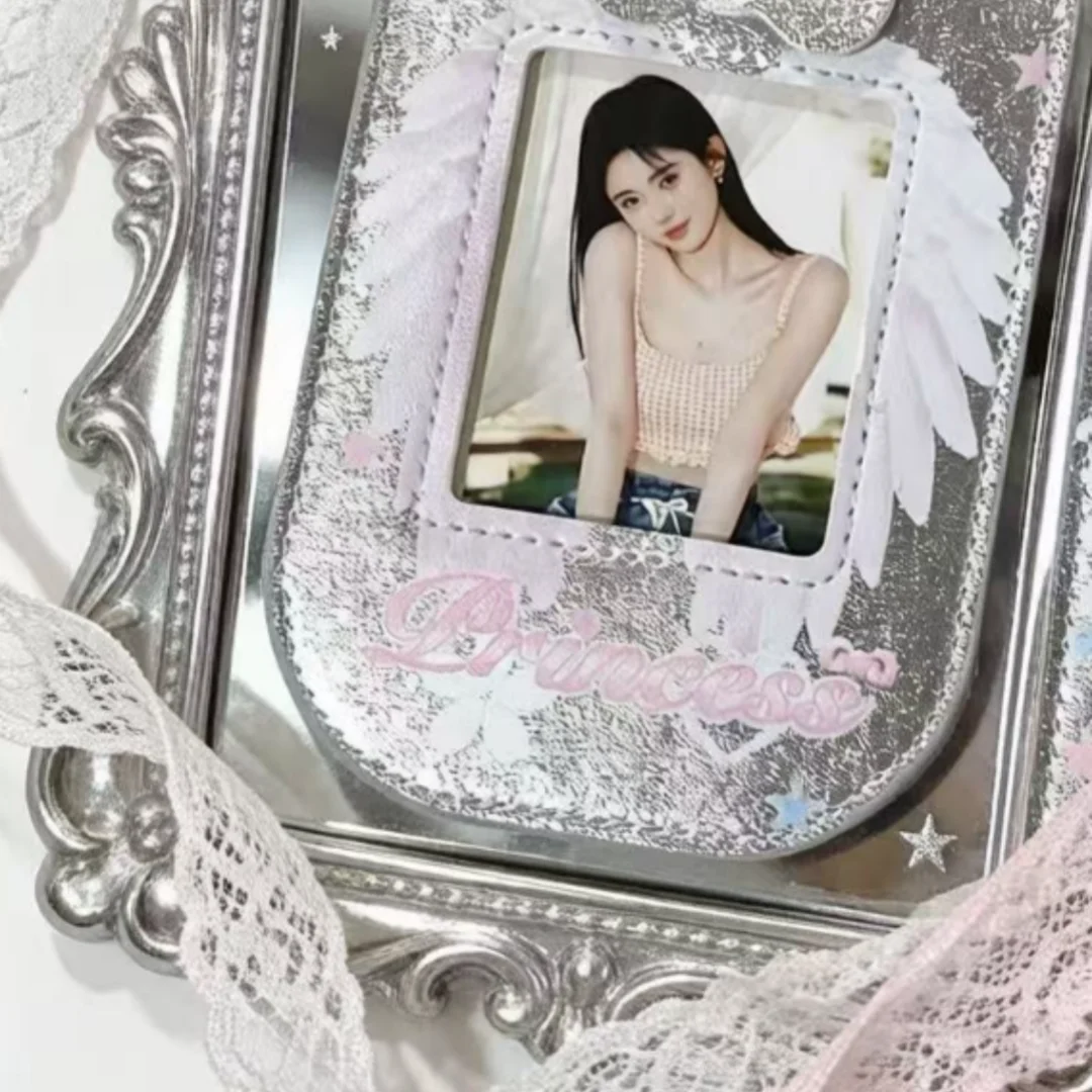 Ins Shiny Pu Leather Angel Wing Photocard Holder Waterproof Id Card Protector With Star Metal Clasp Bag Charm