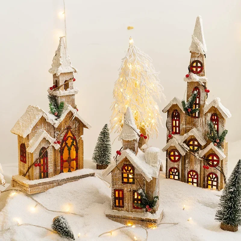 Christmas Decoration Wooden House Ornaments Luminous Christmas Building Statue Kid New Year Gifts Christmas Home Decoration