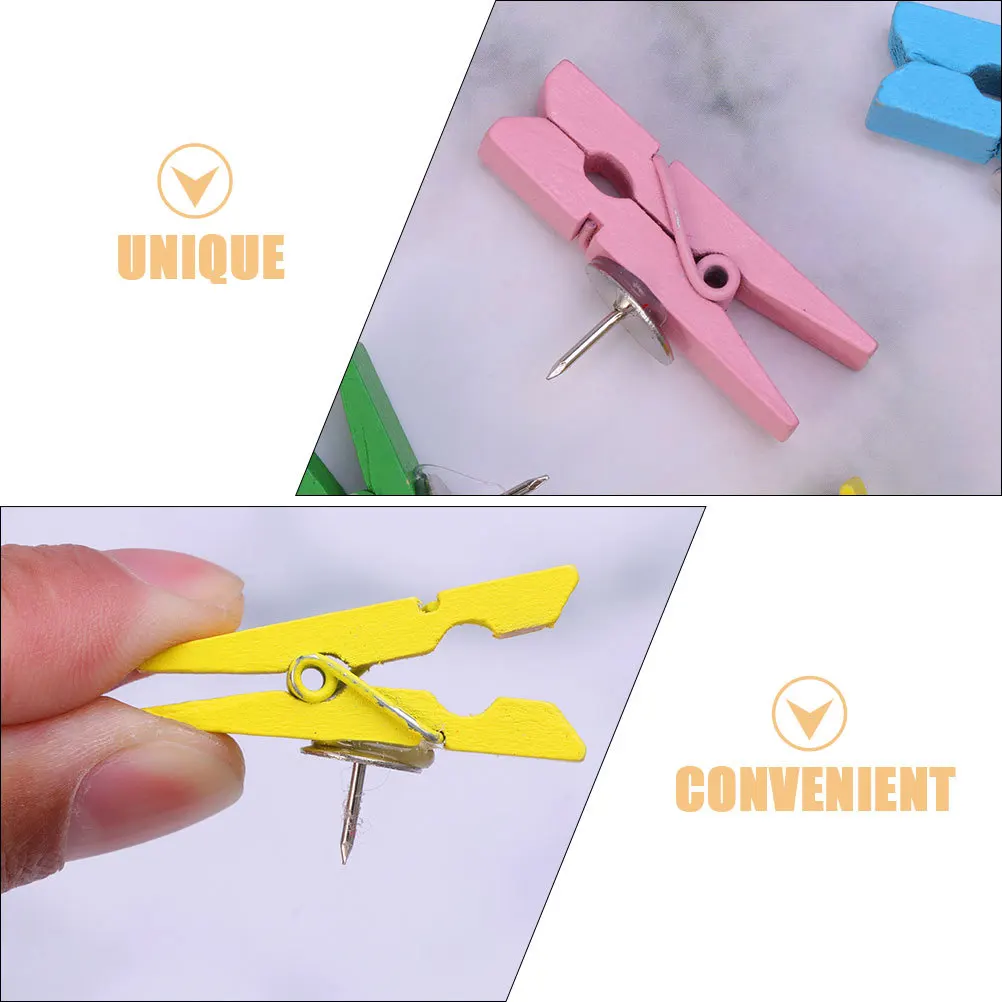 50Pcs Mini Wooden Clothes Pins Clip Type Thumbtacks for Office Home School Bulletin Board Art Projects Colorful Display Tacks