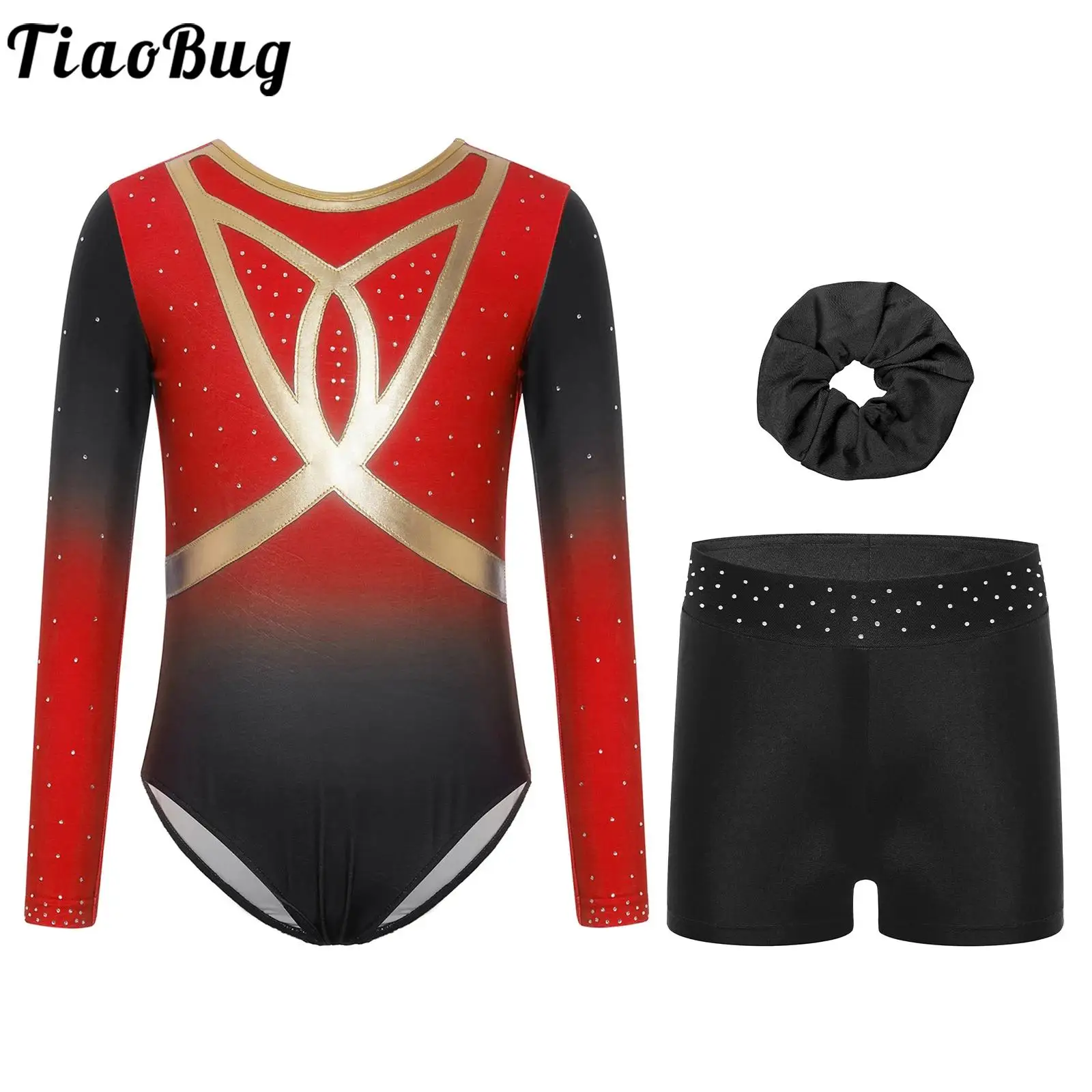 

Kids Girls Gymnastics Figure Skating Dance Outfit Ballet Yoga Sets Long Sleeve Rhinestones Gradient Leotard with Shorts Hairband