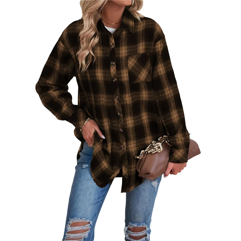 【SEE】 Camicie da donna in flanella abbottonata a maniche lunghe con mantelle scozzesi Camicetta casual da lavoro