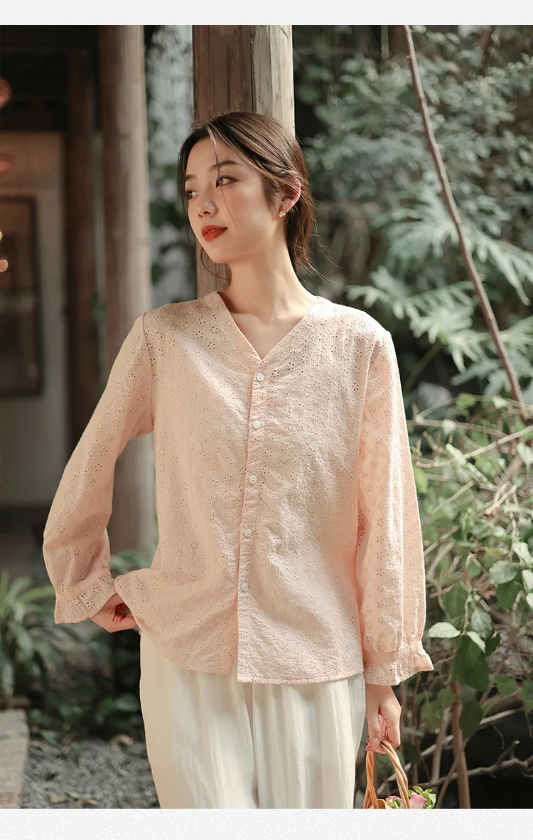 Women Cotton Embroidery Shirt Vintage Eyelet Floral Button Down Blouses