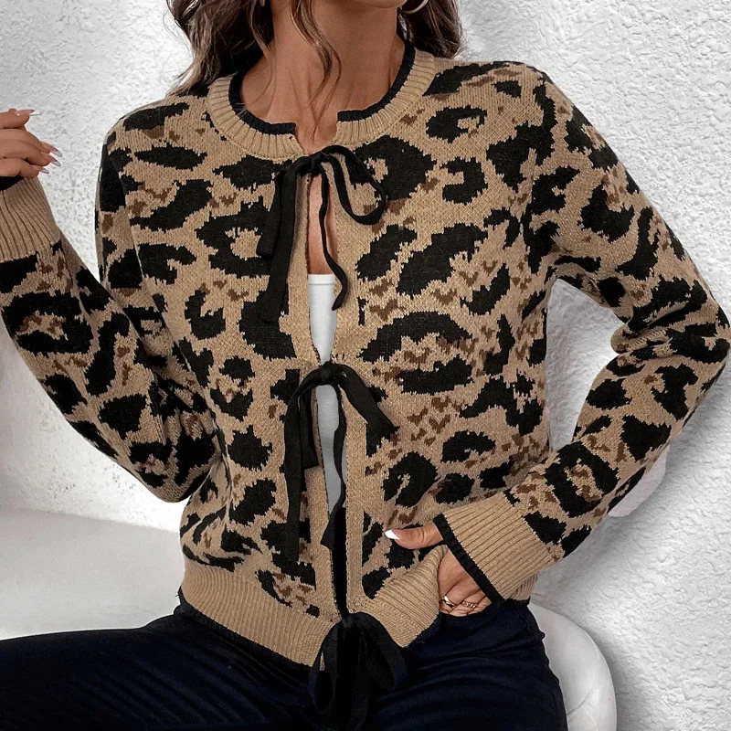 Leopard Print Bow Woolen Cardigan Autumn Winter European American Tie Knit Sweater Coffee Brown Long Sleeved Cardigan Top New