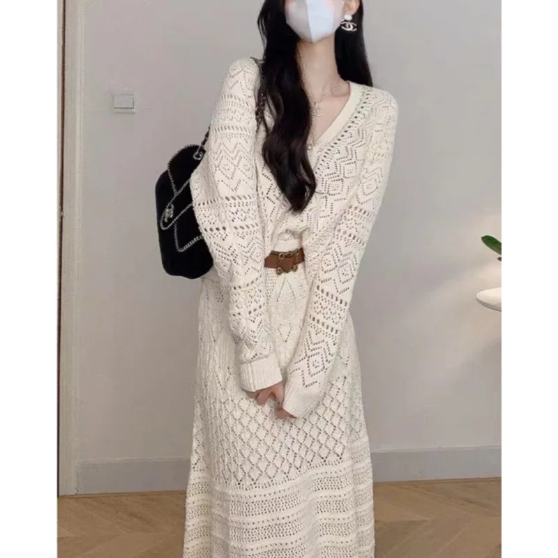 

Women Two Piece Sets Skirt Set V Neck Full Sleeve Knit Tops Long Skirts A Line High Waist Y2k Streetwear Elegant Work Autumn