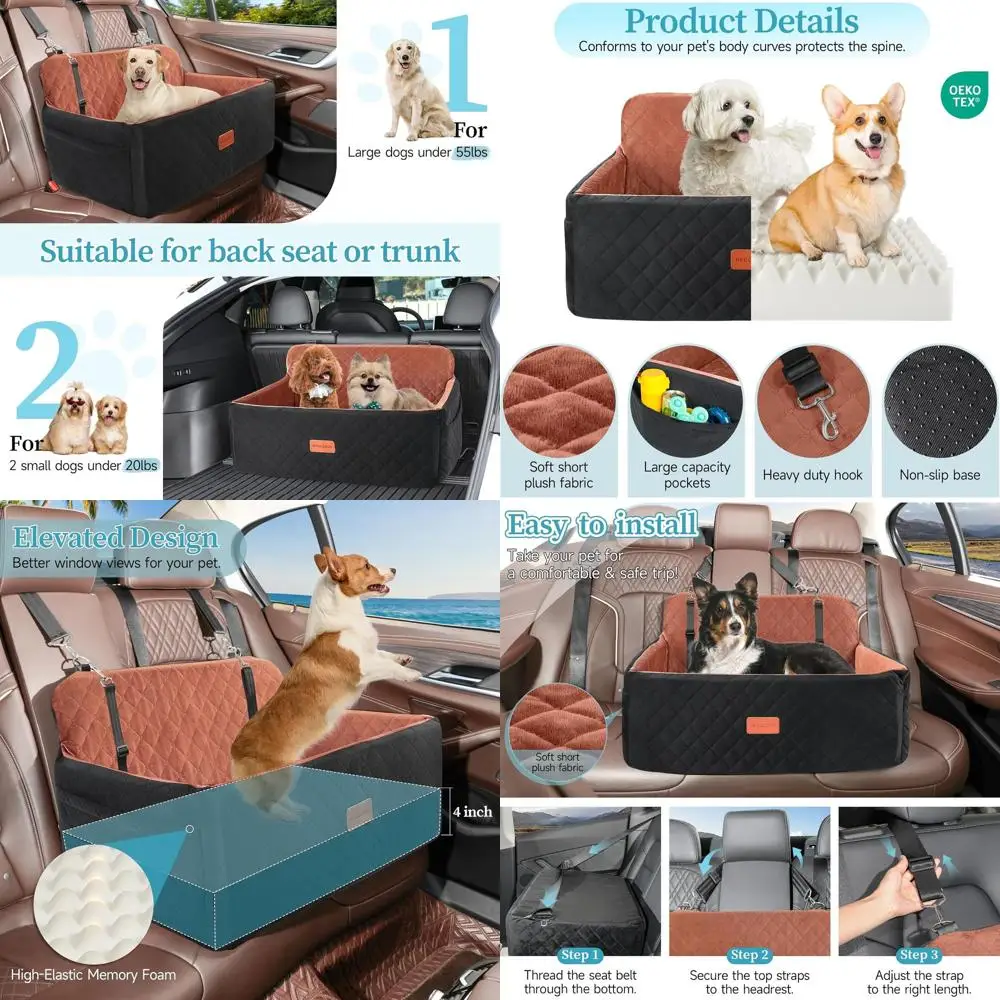 

Adjustable Pet Car Seat for Medium to Large Dogs, Washable Backseat Cover with 2 Safety Leashes for Dogs up to 55 lbs or Two Sma