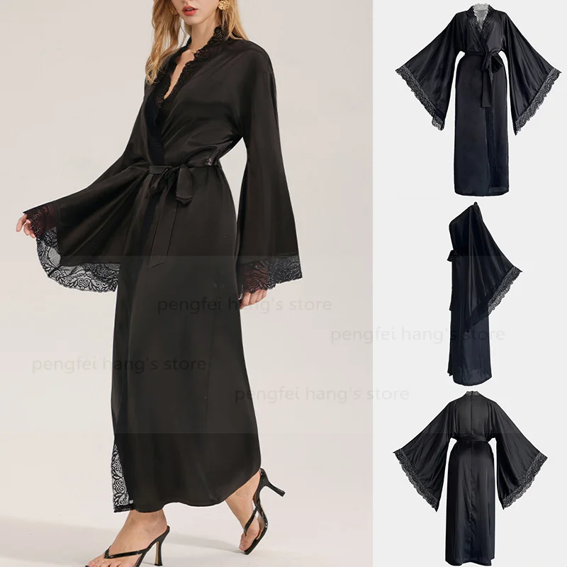

Black Robe Big Sleeve Kimono Robe Gonw Women Sexy Lace Trim Sleepwear Loose Intimate Lingerie Lady Rayon Home Dress Sleepwear