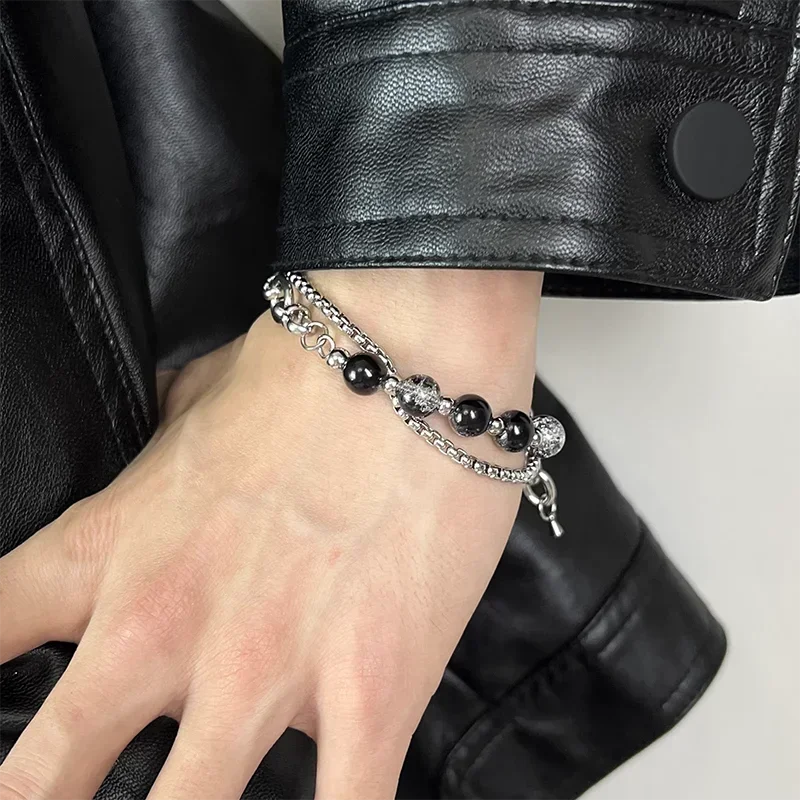 Mode Edelstahl Eis Rissige Perle Spleißen Armbänder für Männer Punk Stil Frauen Link Kette Layered Pulseras Schmuck