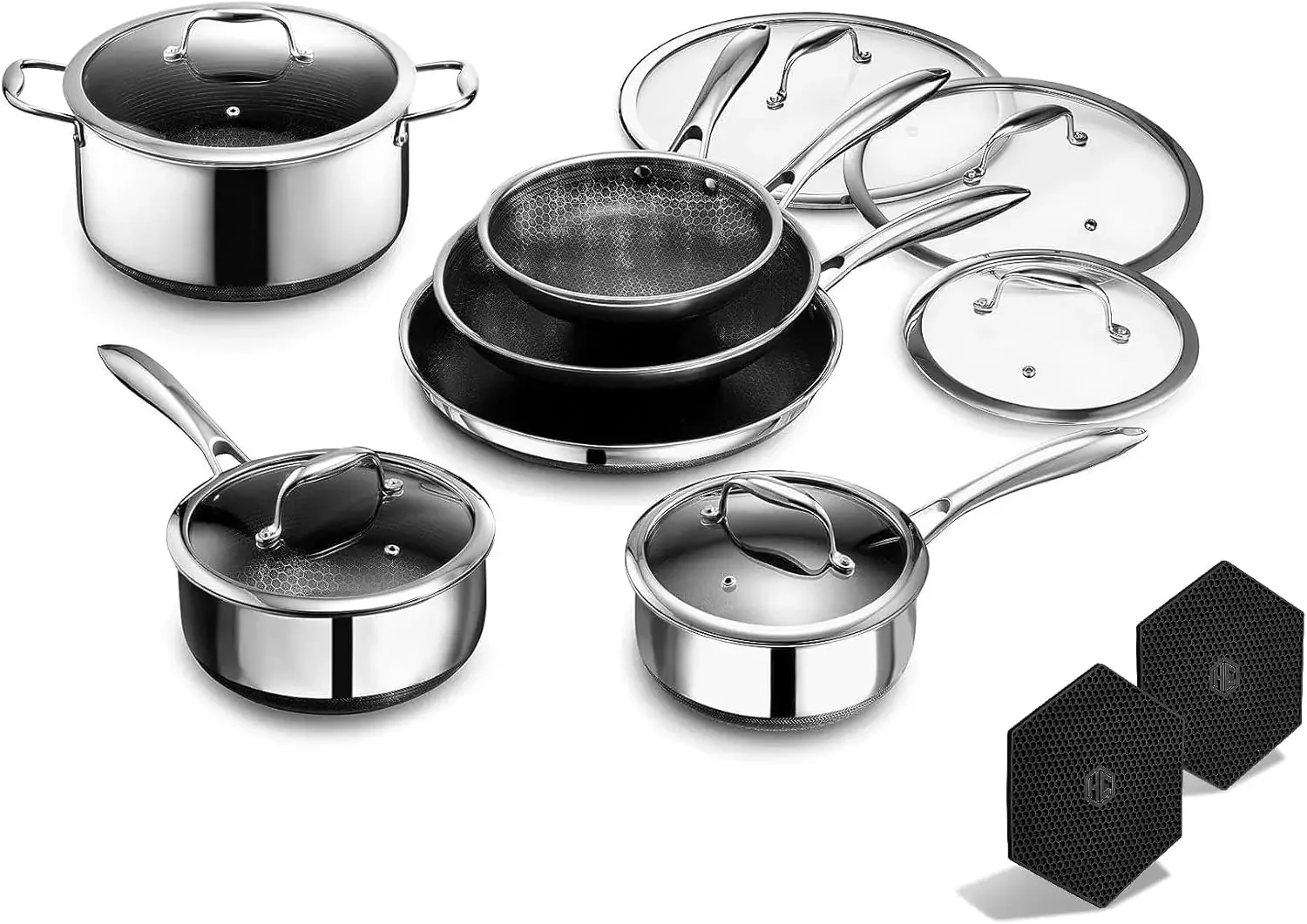 12 Piece Stainless Steel Cookware Set 6 Piece Frying Pan Set and 6 Piece Pot Set with Lids Stay Cool Handles Dishwasher Safe