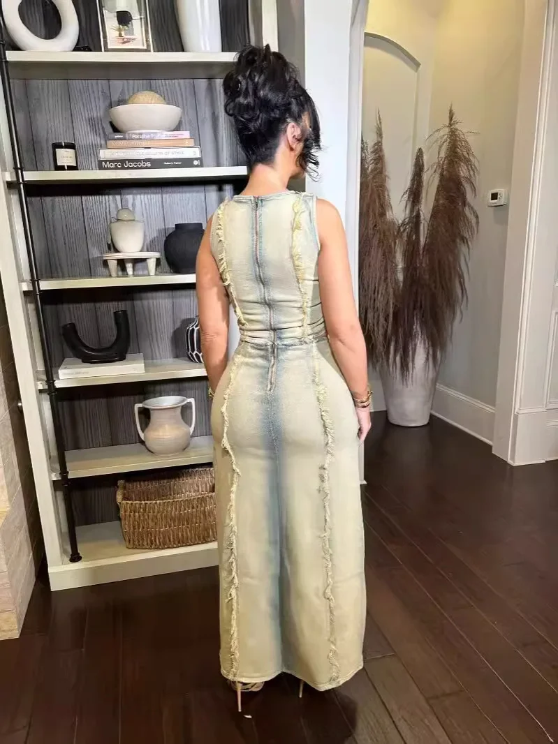 Conjunto de falda vaquera de moda para mujer, chaleco Sexy ahuecado, camiseta sin mangas y abertura larga