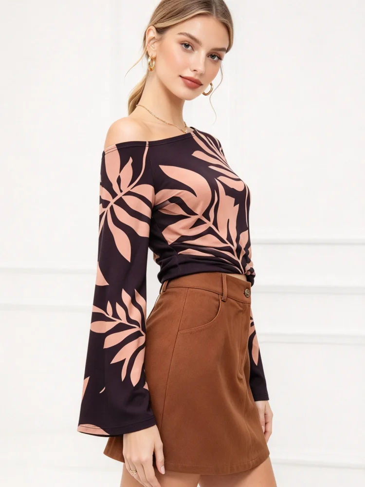 Women Two Piece Outfit Asymmetrical Off Shoulder Print Flare Long Sleeve Top High Waist A Line Mini Skirt Casual Vacation Party