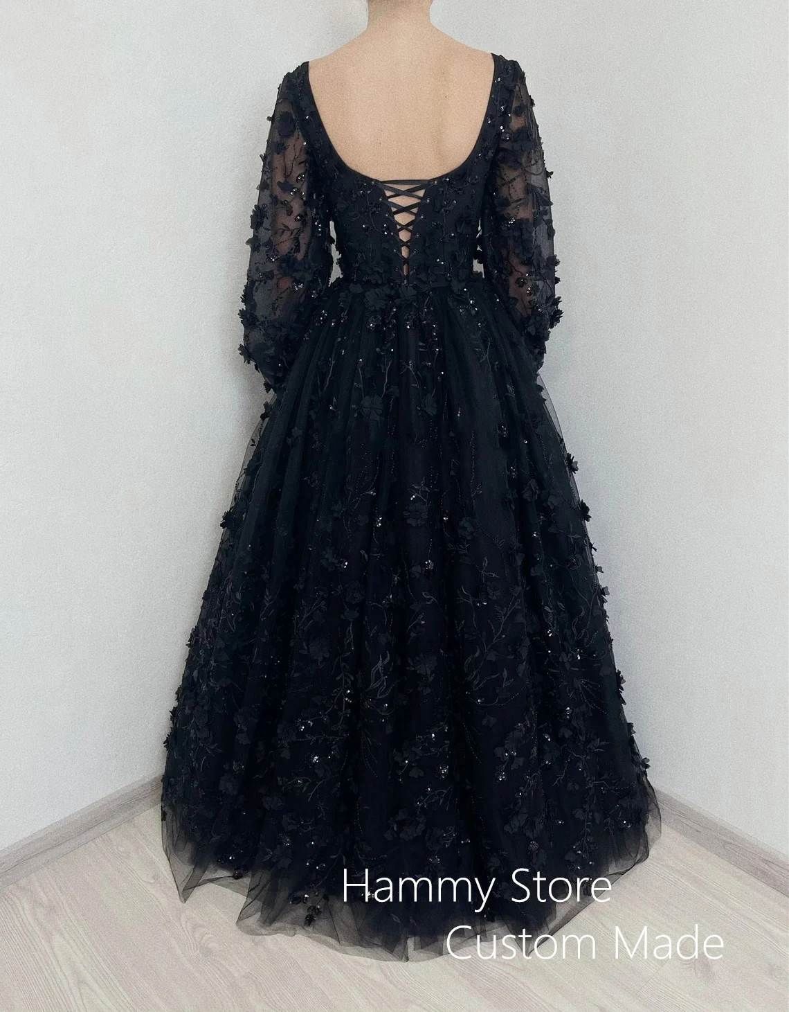 Luxury Black Flower Lace Wedding Dress Puff Sleeves V Neck Back Lace-up Corset Bridal Gown Gothic Bride Dresses Custom Size