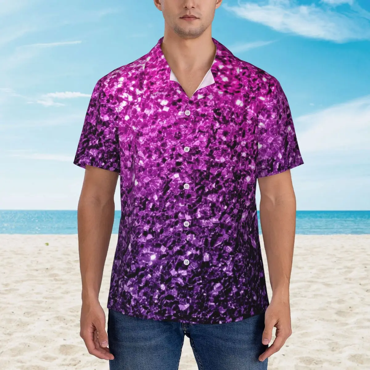 

Faux Glitter Sparkle Beach Shirt Man Purple Pink Ombre Casual Shirts Hawaiian Short-Sleeved Vintage Oversized Blouses Gift Idea