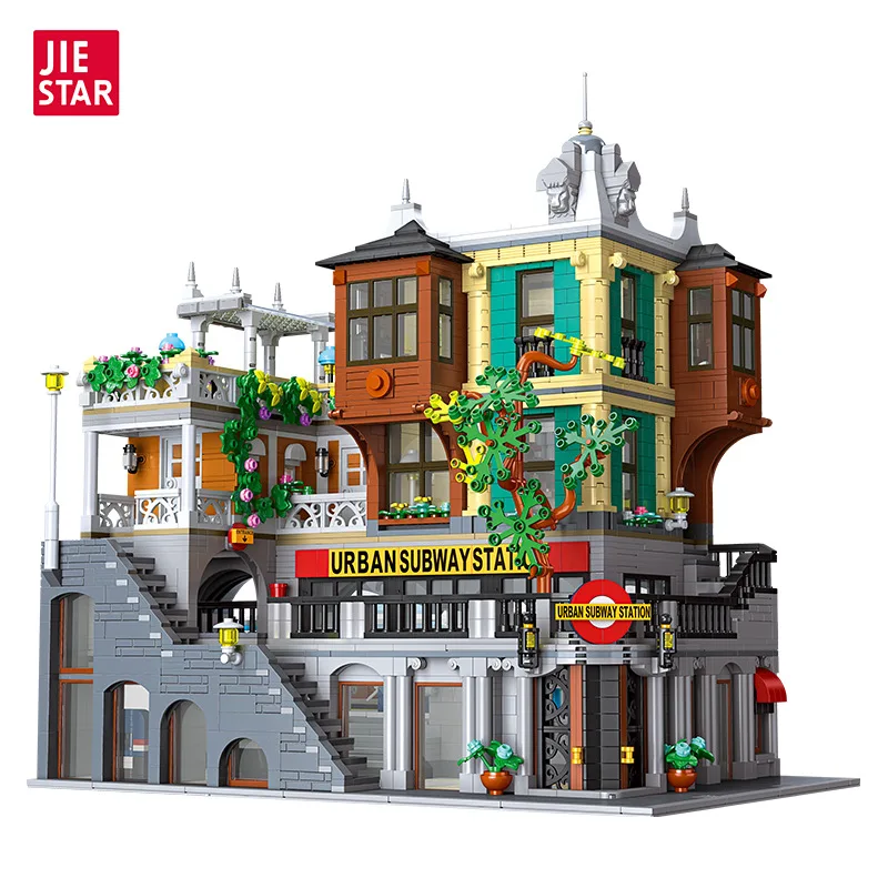 Stacja kolejowa miejska i odwrócona księgarnia: Seria architektoniczna \"Uliczny widok miejski\" Klocki konstrukcyjne Model kreatywny