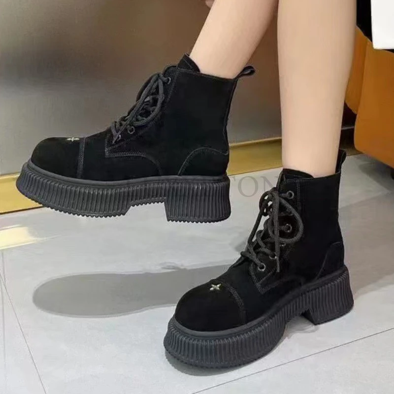 Ginger Thick Retro Anckle Boots Genuine Leather Punk Lace-up Fashion Neutral Street Big Round Toe Women Shoes Hight Increasing