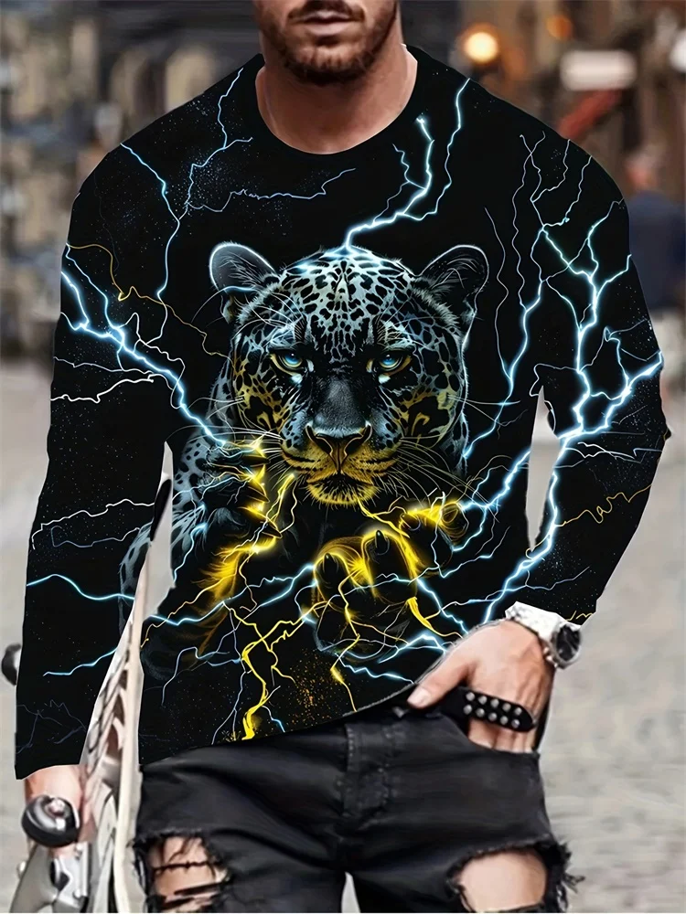 

The 2025 Autumn New Casual And Fashionable Men's Round-neck Top And The Bold Lightning Lion 3D Printed Fashionable Men's T-shirt