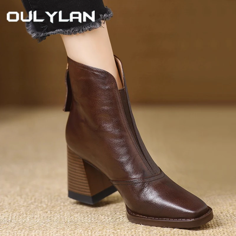 

Oulylan Plus Size Back Zipper Fashion Boots Retro High Heels Short Boot for Ladies Chunky Heel Square Toe Heeled Shoes
