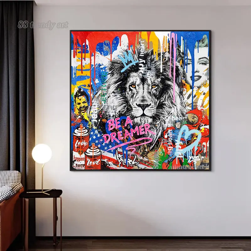 Pop Art Poster Lion King Head Canvas Print Painting Be A Dreamer Pictures Street Wall Art Hanging Painting Home Decor (No Frame)