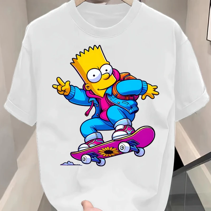 تي شيرت صيفي للرجال بنمط طباعة لوح التزلج من سمبسنز بارت، تي شيرت كاجوال برقبة دائرية وأكمام قصيرة
