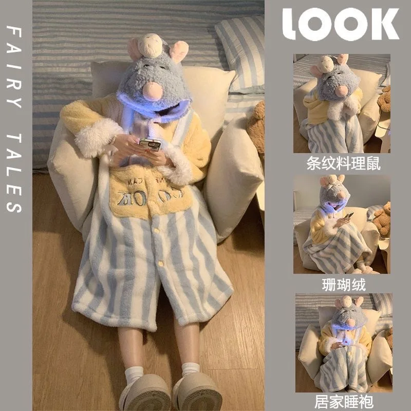 

Ratatouille Series Soft Comfortable Coral Fleece Autumn Winter Kawaii Robe Thickened Hooded Nightgown Peripheral Practical Gifts