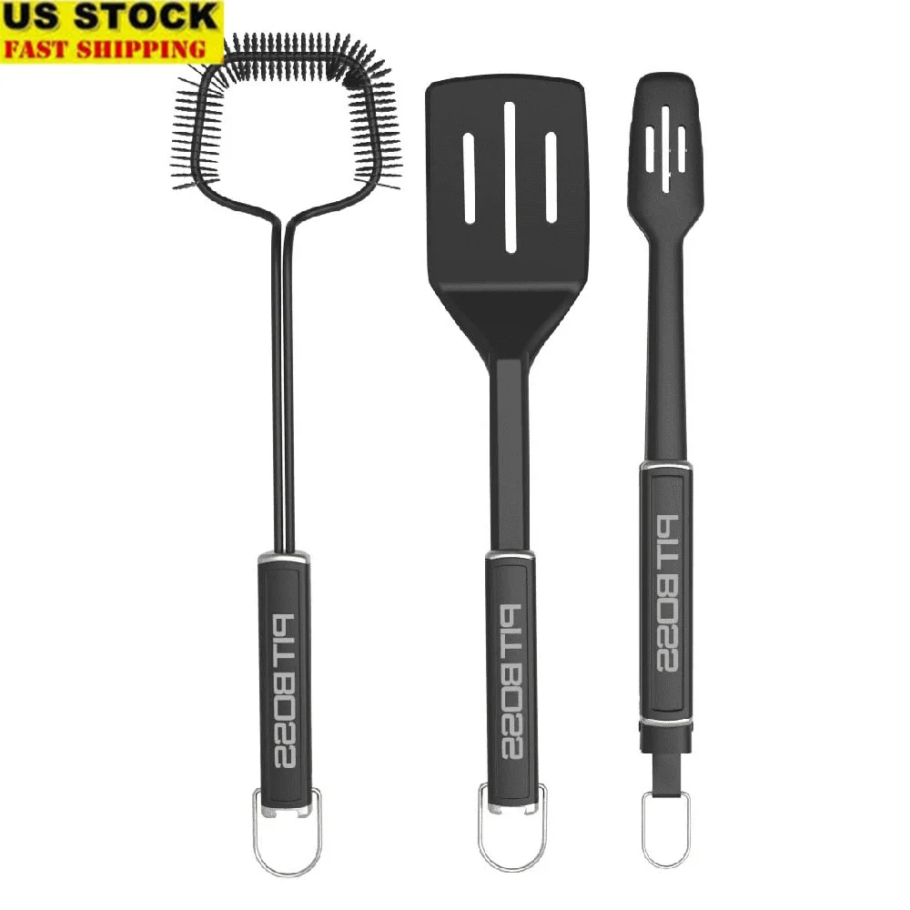 

3 Piece BBQ Grilling Set with Spatula Locking Tongs Wire Cleaning Brush Heavy Duty Stainless Steel Tools Backyard Barbecue