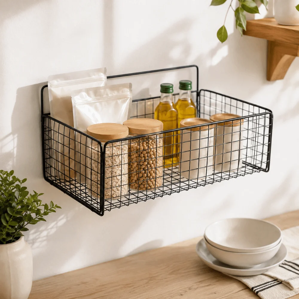 Non Drill Wall Mounted Storage Rack Multifunctional Hollow Out Storage Basket Large Capacity Self Adhesive Bathroom Shelf