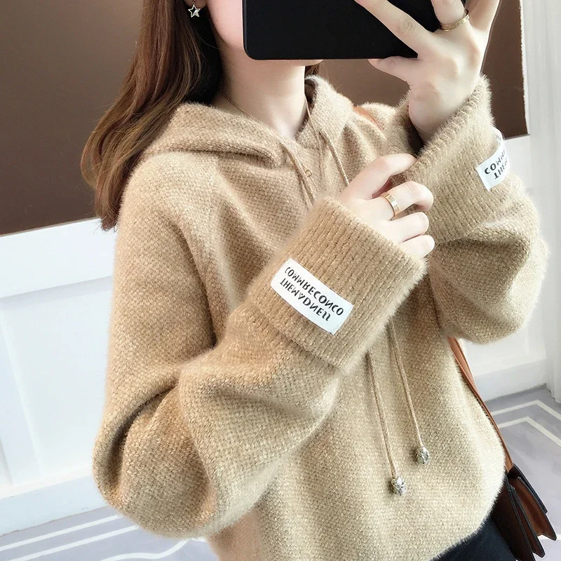 Knitted Hoodies Women 2022 Autumn Winter Korean Long Sleeve Sweater Hooded Sweatshirt Female Pullover Blue Knitwear Fuzzy Tops