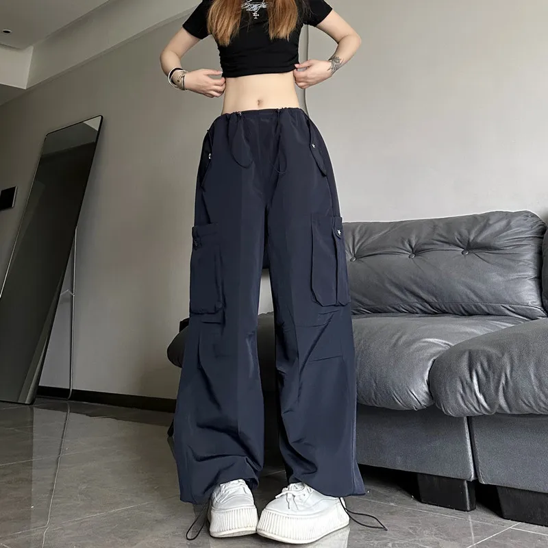 WCFCX STUDIO American High Street Overalls Women Casual Loose Slim Mopping Pants Y2k Drawstring Design Wide Legs Pants