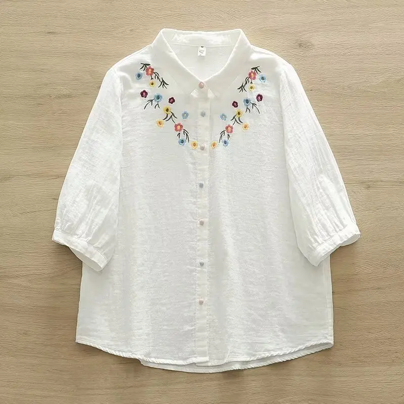 New Summer Cotton Yarn Short Sleeve Polo Neck Embroidery Tops Mori Girl Casual Sweet Loose Retro Blouse 2024 Autumn T46442QM