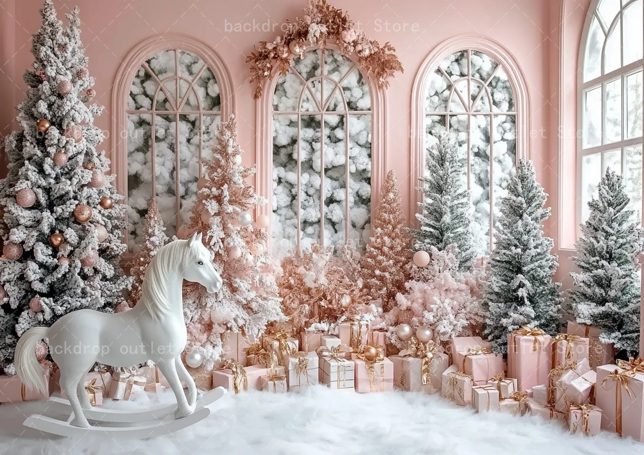 Mehofond rosa natal fotografia fundo retro arco interior janela presente árvore de natal crianças retrato pano de fundo decoração