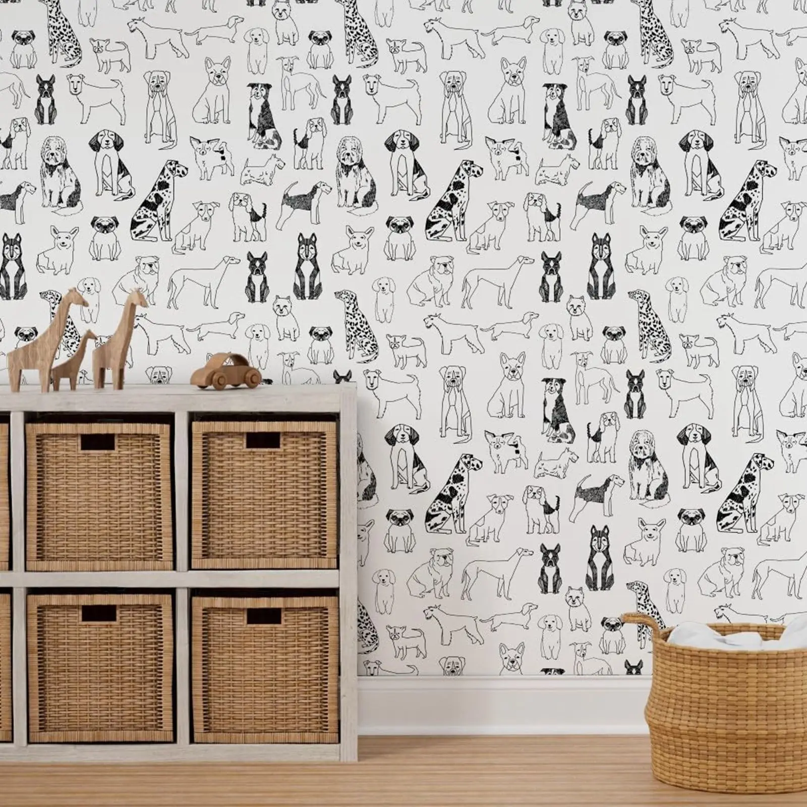 Dog Illustration Non-pasted Wallpaper Black and White Dogs, Black and White Puppy Wallpaper Roll Of Children's Rooms, 50cm*300cm