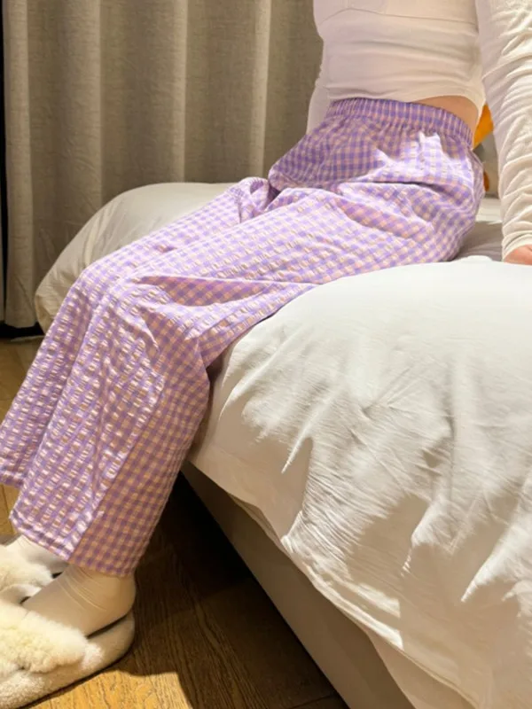 여름 얇은 격자 바지 여성의 느슨한 스트레이트 레그 캐주얼 바지 편안한 홈 잠옷 워킹 바지 통기성