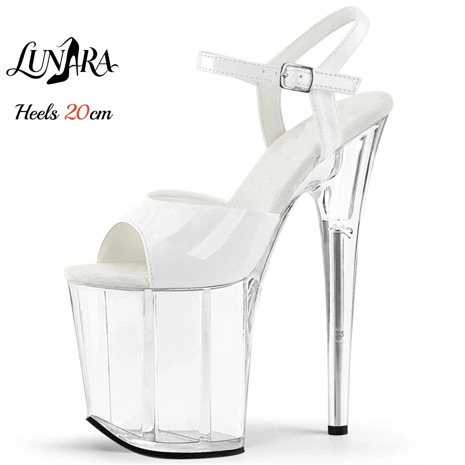 Ladies 20cm/8Inch White Patent Ankle Strap Buckle Open Toe Platform Stiletto Sandals Stripper shoes Exotic Pole dance Club Rave