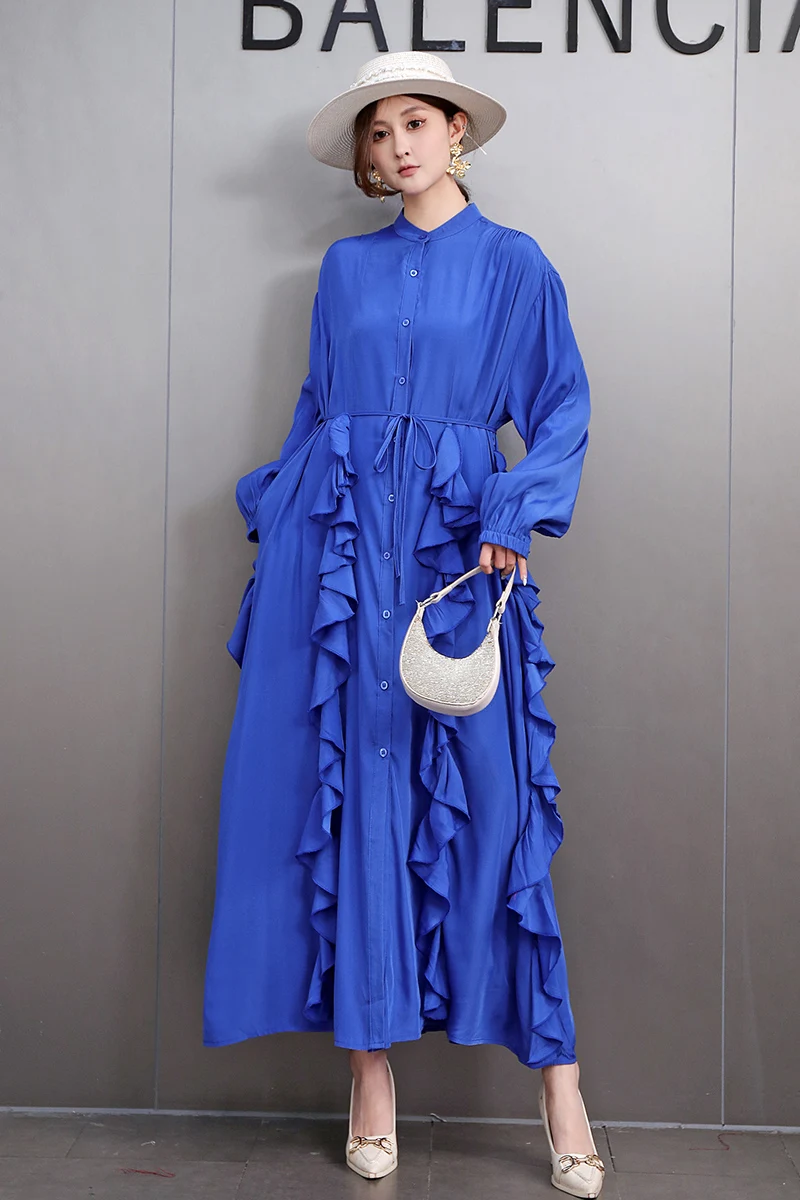 

2025 Spring New Elegant Loose Long Dresses Women Casual Lotus Leaf Edge Long Sleeve Dress Female Wholesale J790