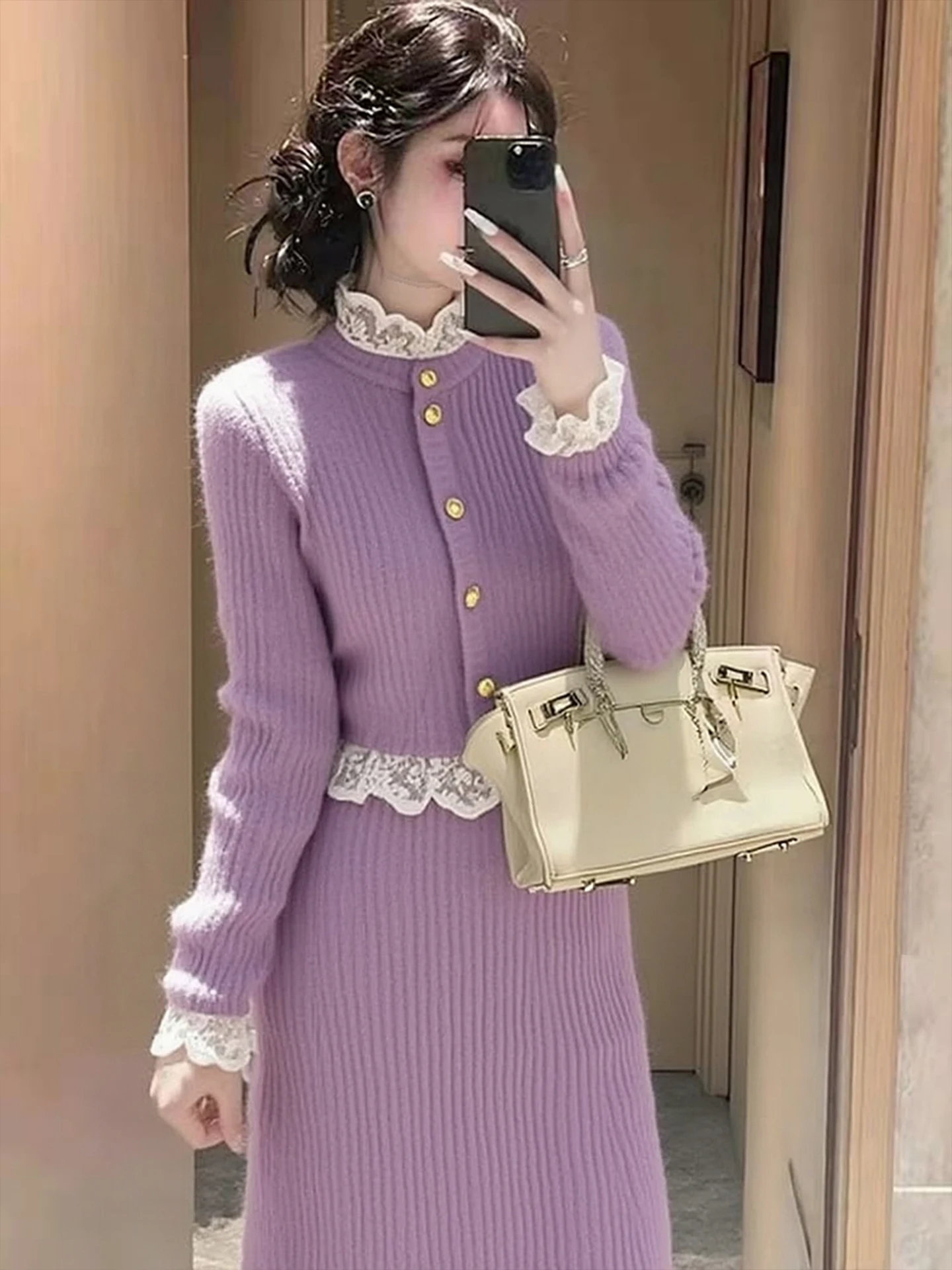 

Зимний вязаный свитер Ele с длинными рукавами и юбкой миди: элитная женская мода, мягкий, комфортный, в корейском стиле, свободный крой