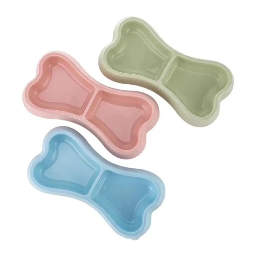 Plastic Bone Shape Cat Double Bowl Bone Shape Anti Rollover Cat Food Drinking Tray Random Color Cat Feeding Bowl