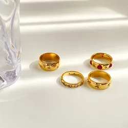Handmade Tarnish Free Stainless Steel Gold Plated Delicated Engraving Star Zircon inlay Red Heart Signet Rings For Women Jewelry