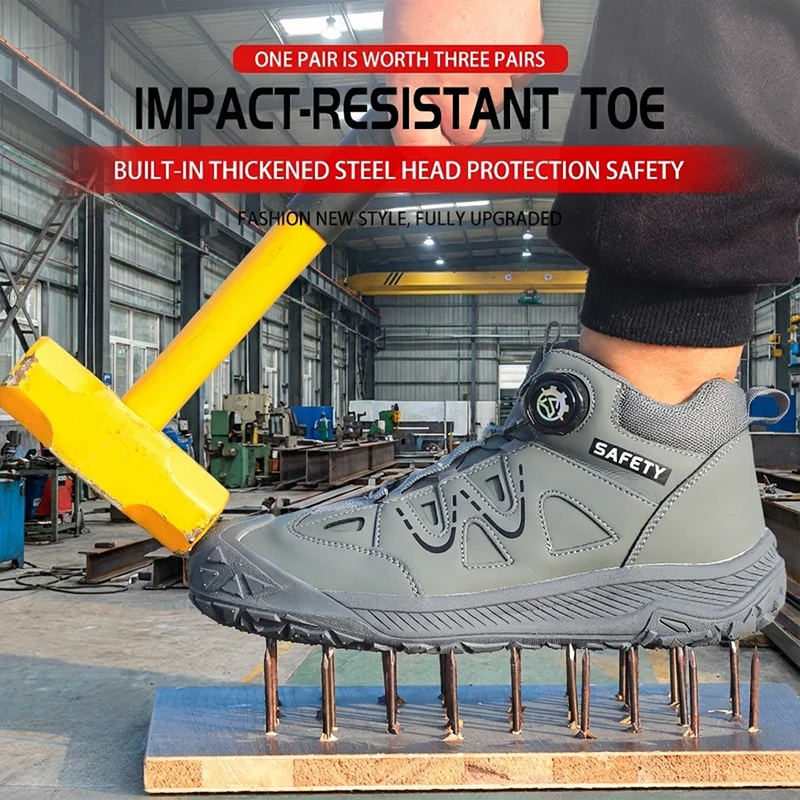 Rubber Sole Steel Toe Rotary Buckle Work shoes Safety shoes Puncture Proof for Heavy Industry Lathe processing of glass