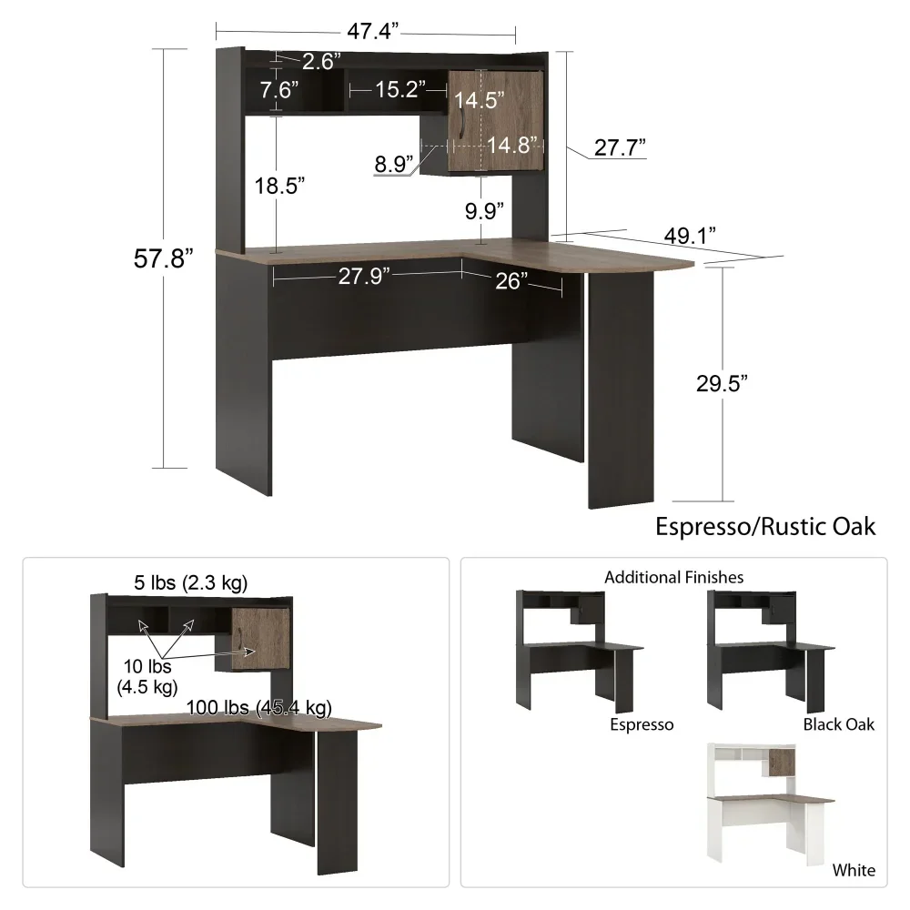 L-Shaped Desk with Hutch, Espresso gaming desk mesa gaming