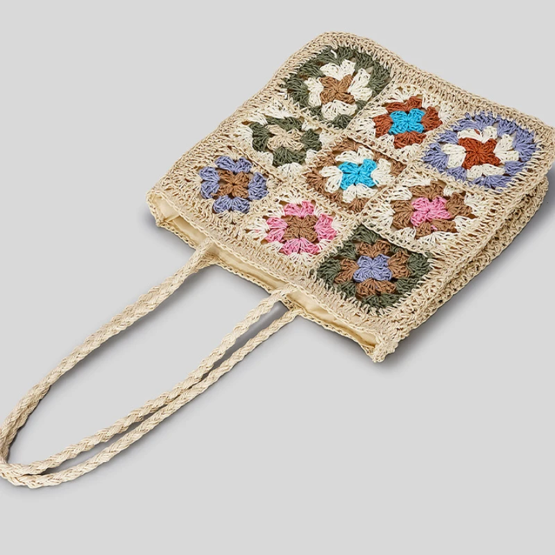Vintage High Quality Hand-woven bags Large Capacity Straw Bag Ethnic Style Patchwork Flower Tote Large Capacity Shoulder Bag