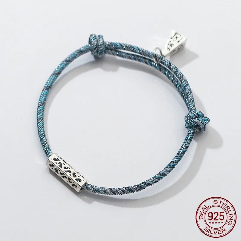 16-21cm Lucky 925 Silver Rope Bracelets Women Silver Retro Blue Wax Thread Line String Bracelets For Women Girl