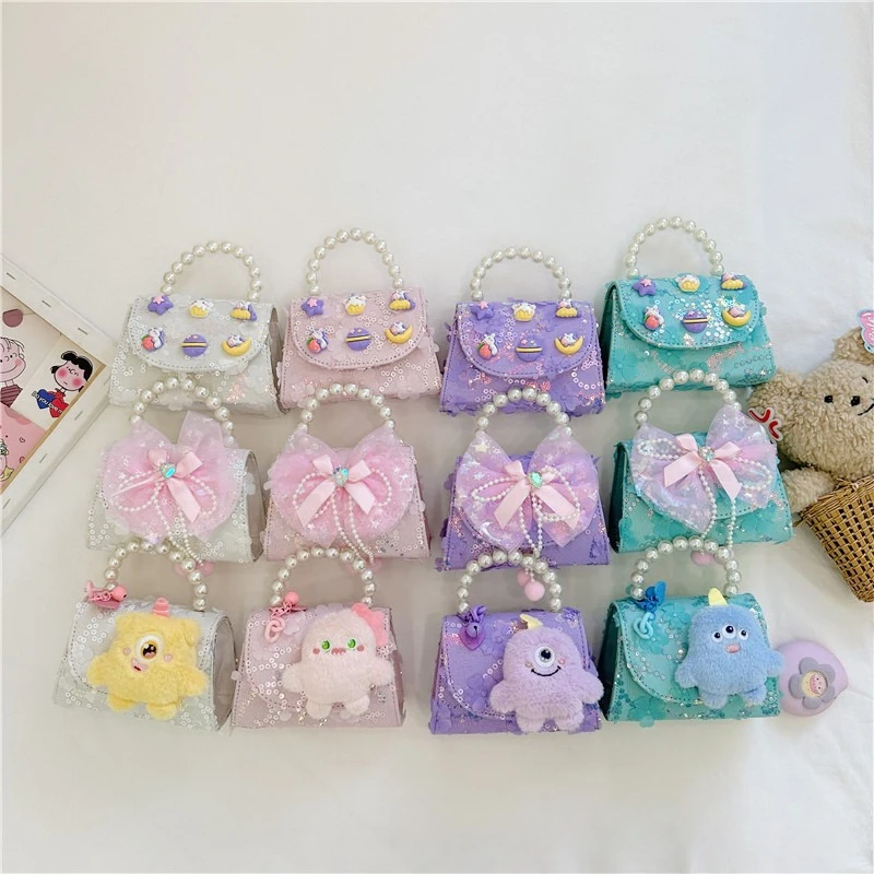 كارتون دمية الأطفال مقبض اللؤلؤ حقائب الكتف لطيف القوس الأميرة بنات الترتر حقائب اليد الصغيرة محفظة نسائية للعملات المعدنية حقيبة كروسبودي الحلو