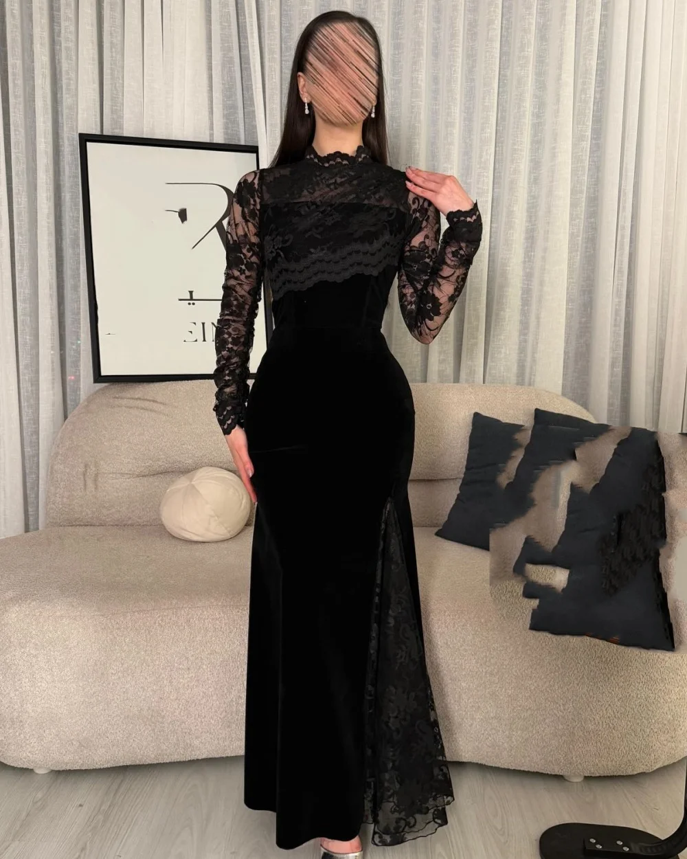 Customized Fashion Jersey High Collar Long Sleeves Mermaid Evening Dresses Modern Style Saudi Arabia Women Pleat Prom Dresses